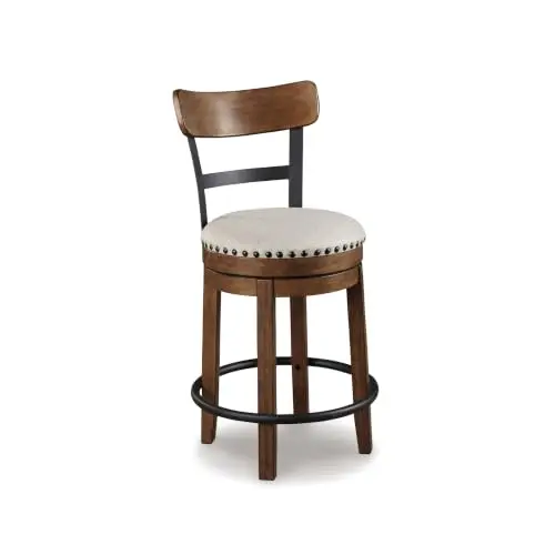 Signature Design by Ashley Valebeck Swivel Barstool With Back, Rustic-Industrial Wood and Metal, 360-Degree Swivel Counter Height Stool for Kitchen Island Seating, Linen Color